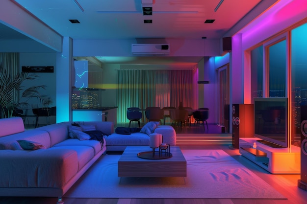 a digital rendering of a smart home interior with glowing blue holographic icons