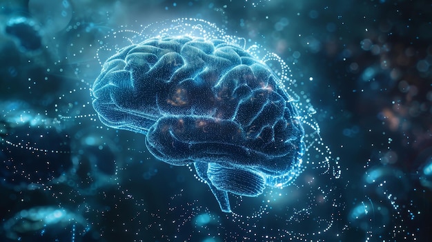 a digital representation of a human brain composed of a glowing neural network illustrating concepts