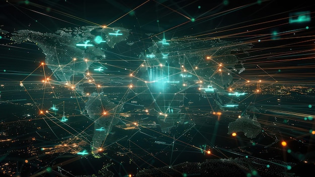 A digital representation of global connectivity with flight paths and data networks