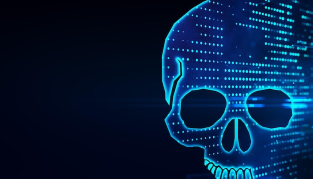 A digital skull with a dotted pattern on a dark blue background representing a technology concept 3D Rendering