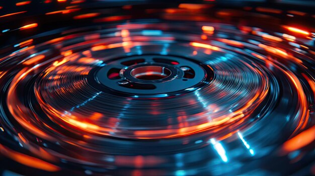 A digitally manipulated abstract image of a computers hard drive with spinning platters and binary code swirling around creating a sense of motion and data flow