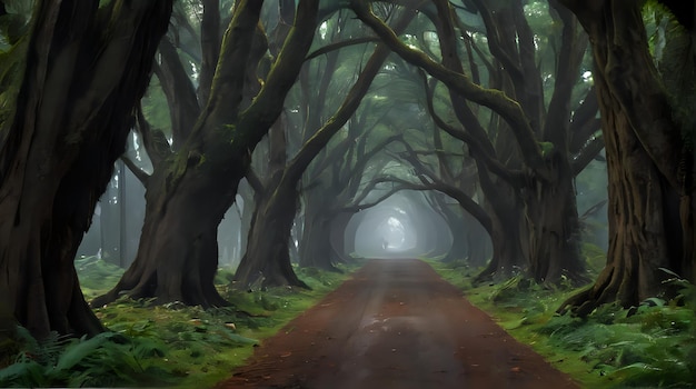 a dirt road that is lined with trees and grass