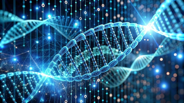 a dynamic photo of a dna double helix floating in a virtual space surrounded by digital data streams and binary code symbolizing bioinformatics