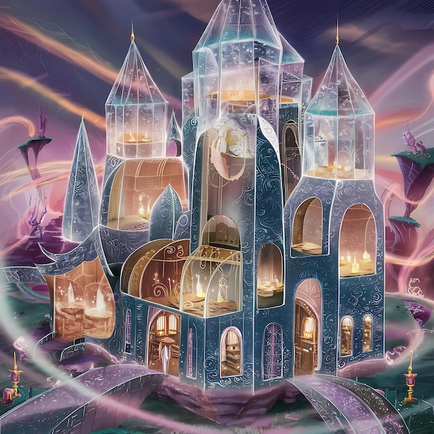 a fairy castle with a purple background and a blue sky with a dragon flying in the background