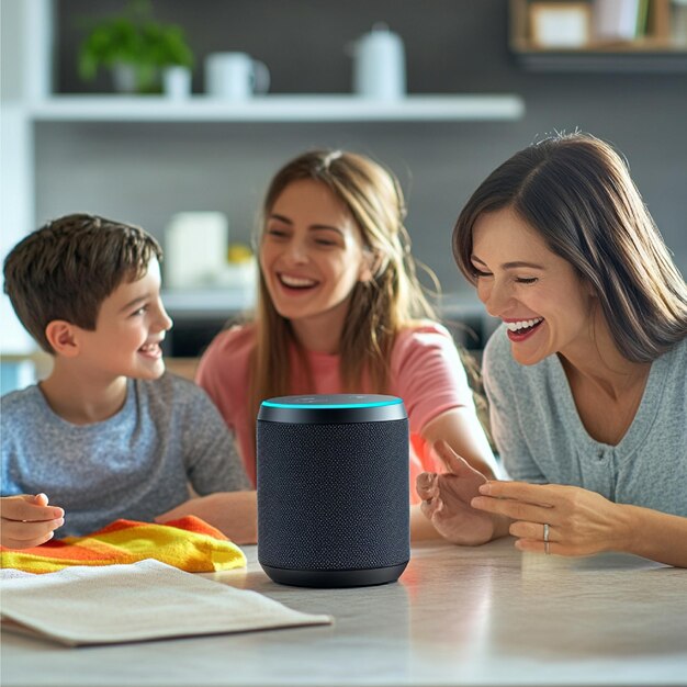 A family using voice commands to view camera feeds and control security features