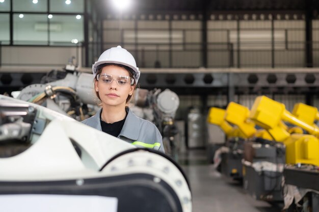 A female engineer installs a program on a robotics arm in a robot warehouse And test the operation before sending the machine to the customer