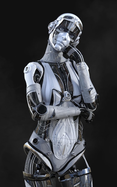 A female robot with a black background and a white face.