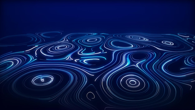 A flow of smooth swirling vortices Glowing coils of turbulence on a blue background Big data sound visualization
