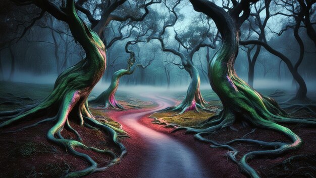 a forest with a stream running through it