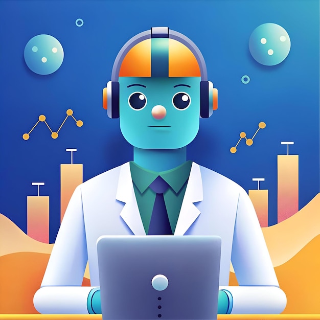 A friendly AI robot in a lab coat works on a laptop with graphs in the background highlighting the use of AI in market research and data analysis