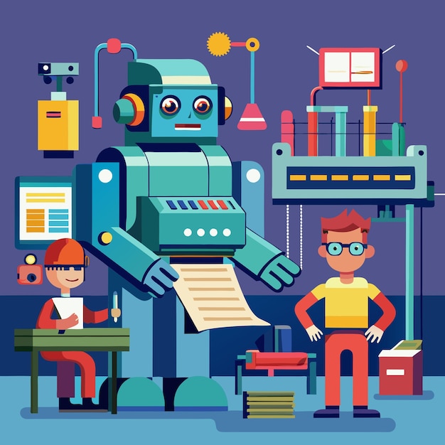 A friendly robot helps a student with their homework