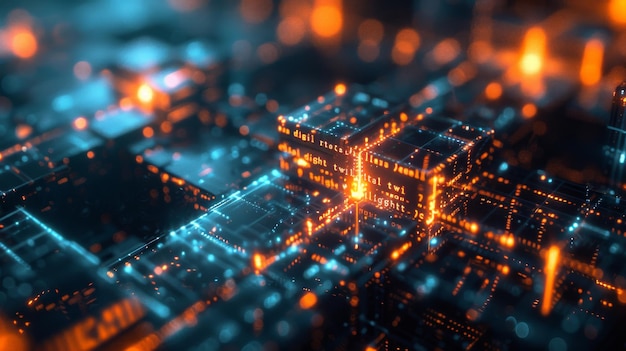a futuristic cybernetic network illuminated by orange and blue lights generative ai