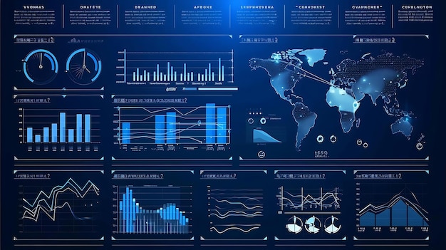 a futuristic dashboard with a dark blue theme featuring interactive data visualizations world map co