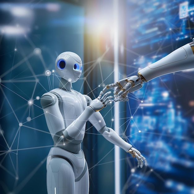 a futuristic female humanoid robot saving humanity photo realistic 4k full body