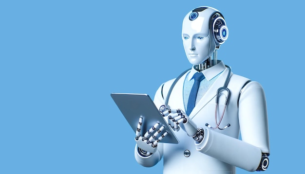 A futuristic robotic doctor in a doctor's coat with a stethoscope on a blue background