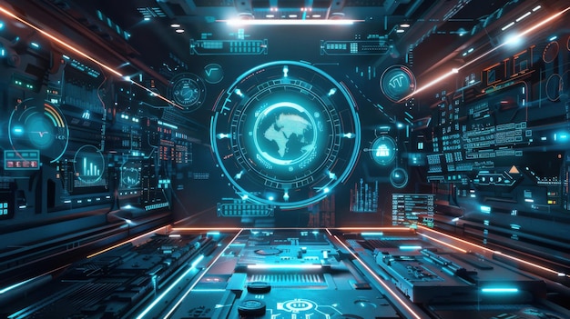 A futuristic room with a glowing globe in the center