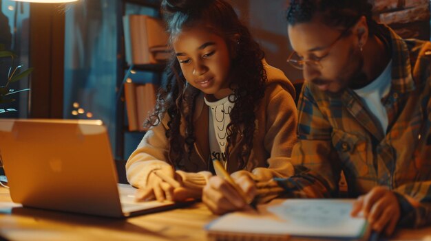 a girl sits at a desk and writes on a laptop