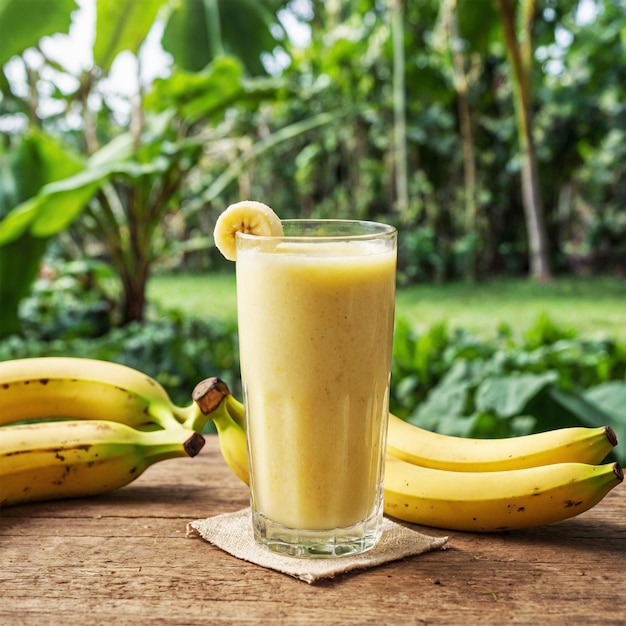 a glass of banana juice sits on a table with a banana on it