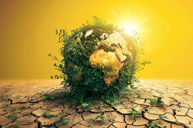 A globe made of greenery disintegrating into dry cracked earth symbolizing the impact on nature due