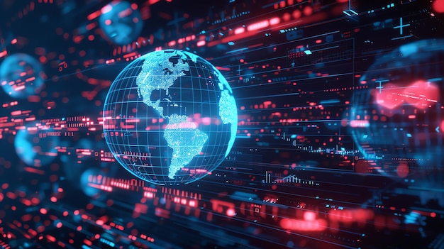 A glowing digital globe surrounded by data streams