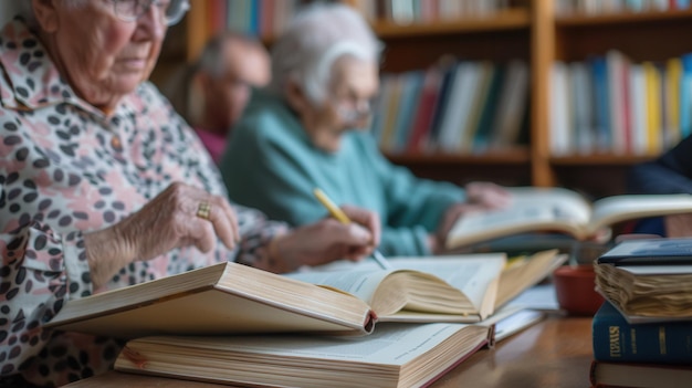 A group of elderly learners explores foreign languages using textbooks and dictionaries in a warm inviting library environment Generative AI