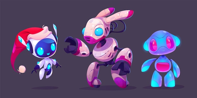 a group of robots is displayed against a purple background