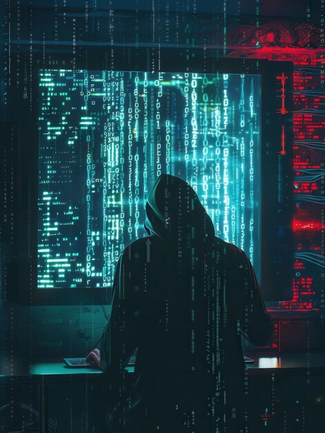 a hacker in a hoodie focuses intently on a computer surrounded by flickering lines of code on a bright screen in a dimly lit environment generative ai