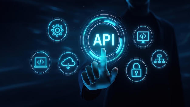A hand interacts with a floating api display in a dark space with icons symbolizing api programming and advanced application programming interface tech