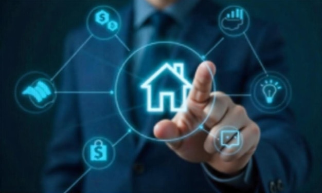 A hand pointing at a house icon on a digital display surrounded by various real estate and finance