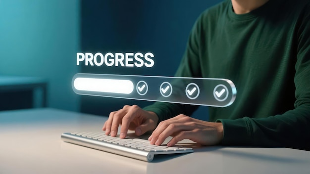A hands typing on keyboard with glowing digital progress bar above and checkmarks show workflow progress checklist task progress tracking checklist tracking