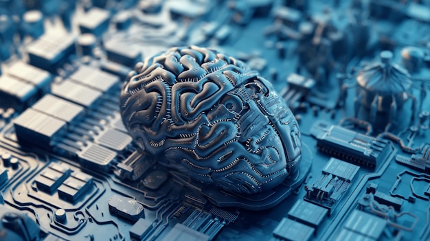 A highly detailed brainshaped object integrated with circuit board technology