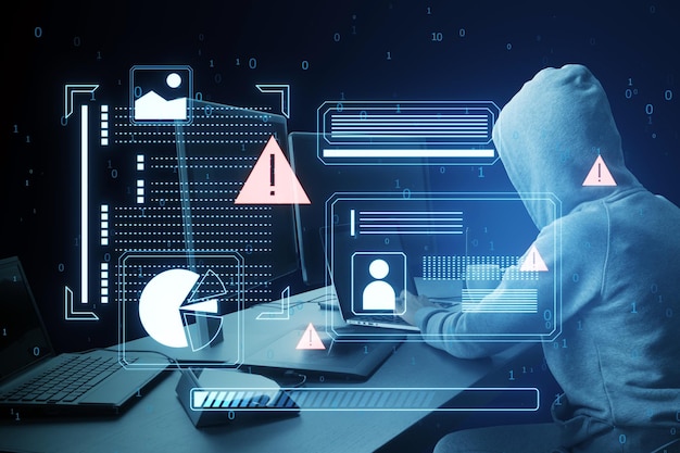 A hooded figure using a laptop with cyber security graphics overlay symbolizing a cyber attack on a dark blue background