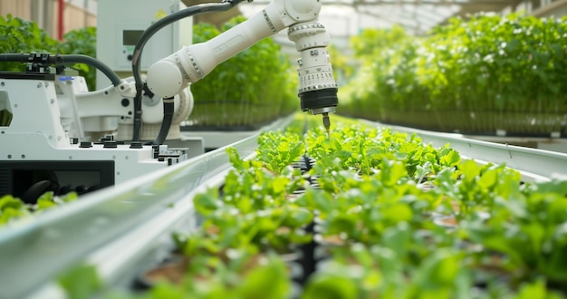 A humanoid robot working in an indoor farm