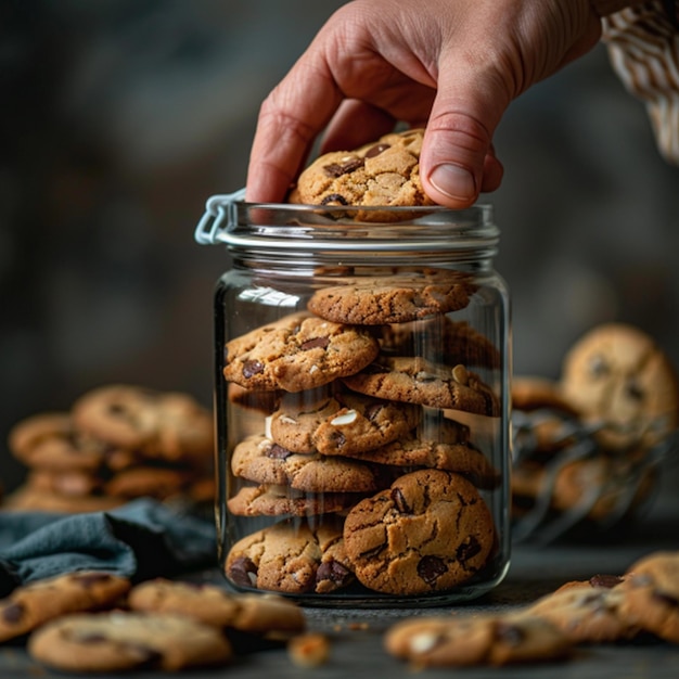 a jar of cookies with a person holding a jar of cookies