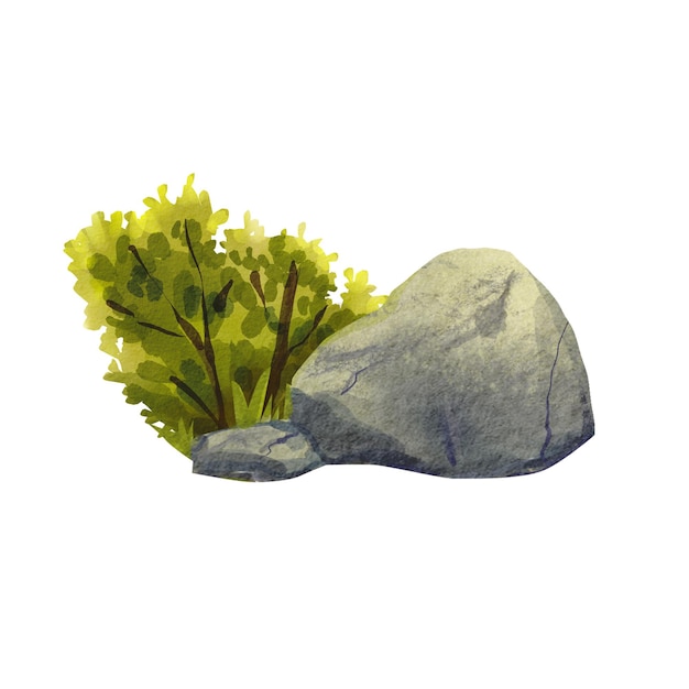 A large stone next to a bush Watercolor illustration of nature Summer composition Cartoon style Natural gray stone Suitable for design packaging decor element
