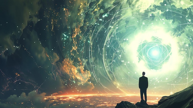 A lone figure stands on a cliff gazing towards a bright swirling celestial portal