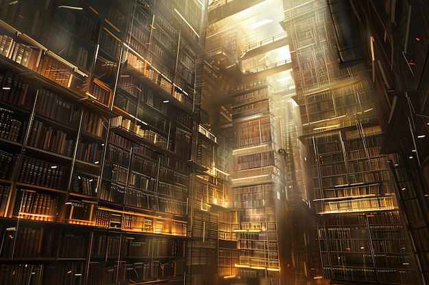 A magnificent towering library filled with countless books illuminated by warm natural light streaming through lofty windows