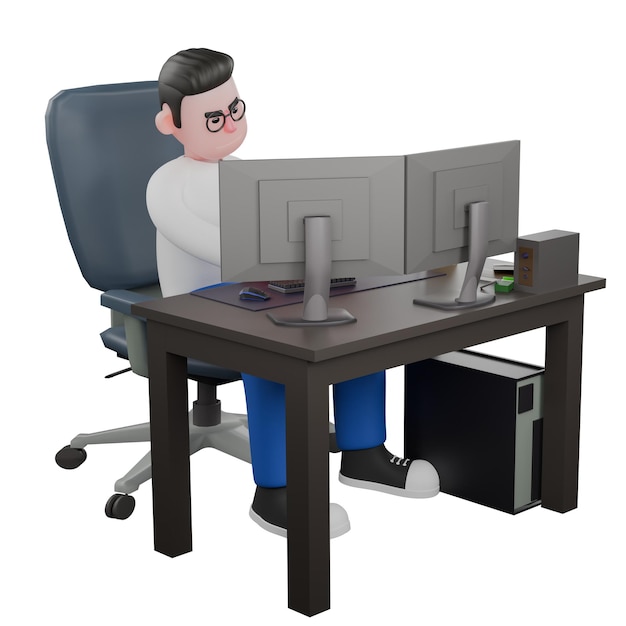 A Male Video Editor sitting in a chair with two computers on the desk expression focused