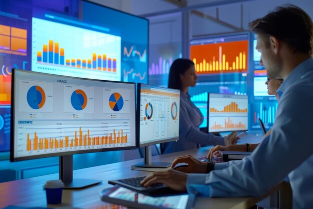 a man and a woman are working on computers with a graph on the screen