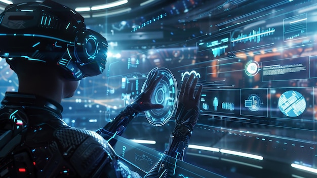 a man in a virtual reality suit with a blue background and a blue screen with the words quot cyberpu