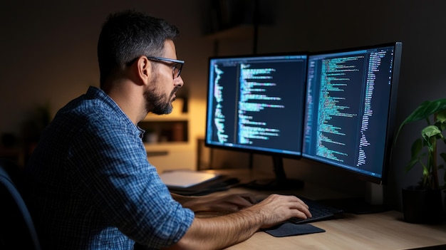 a man in glasses is focused on coding sitting at a desk with dual monitors filled with programming code the room is softly illuminated creating a productive atmosphere