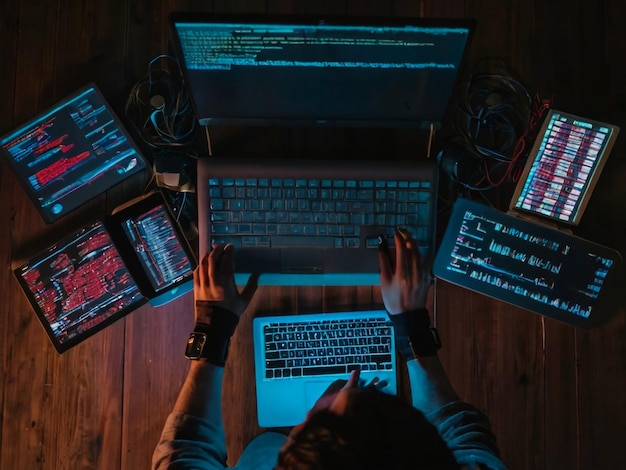 a man is working on a laptop with many different keyboards
