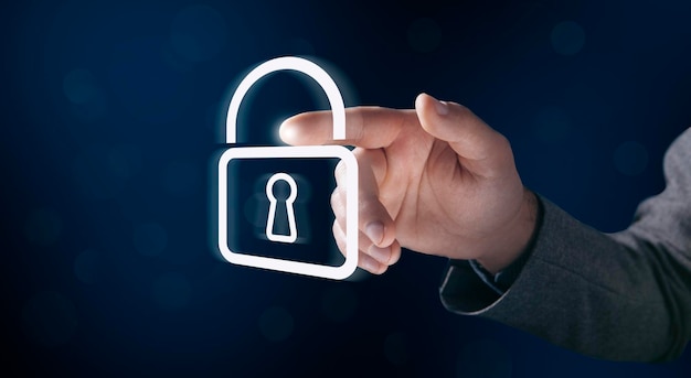 A man presses a lock on a virtual screen