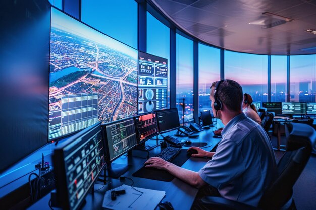 a man sitting at a desk focused on a computer monitor in a smart city control center the advanced control center of a smart city where sensors and algorithms work seamlessly to optimize services