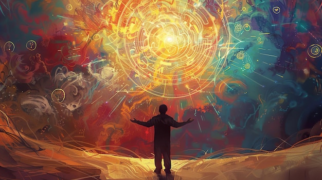 a man stands in front of a colorful sky with the words  the word  on it