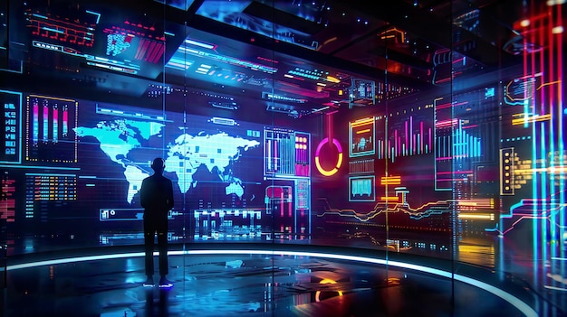 a man stands in front of a map of the world