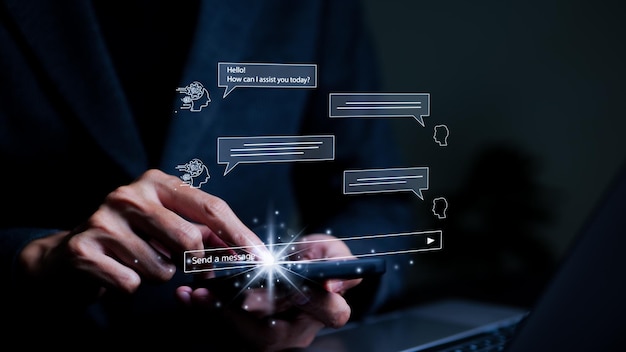 A man using a smartphone chatting with an intelligent artificial intelligence asks for the answers he wants Chat with AI Artificial Intelligence by enter command prompt for generates Chat bot