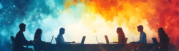 a man working on a laptop with a man working on a computer in front of a colorful background
