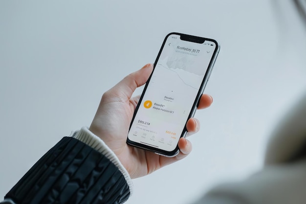 A minimalist design showing a person s hand holding a mobile phone with a clear and simple crypto wallet app open against a plain highcontrast background