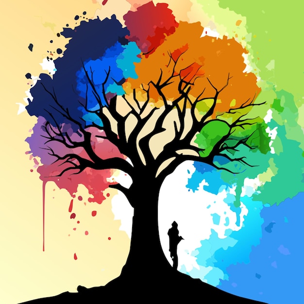 a minimalist watercolor ink splatter portrait of a wise old tree standing tall in a forest the tree